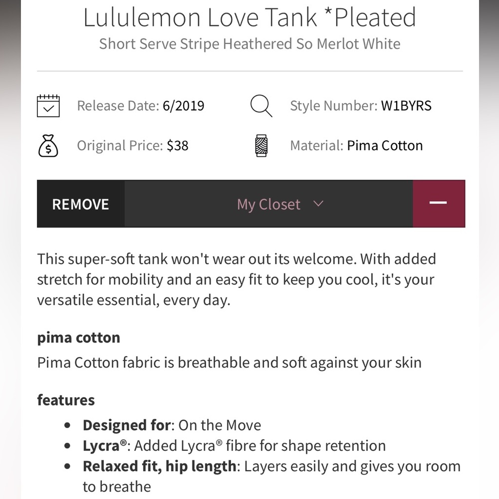 Lululemon Love Tank *Pleated in Short Serve Stripe Heathered So Merlot White - Picture 6 of 14